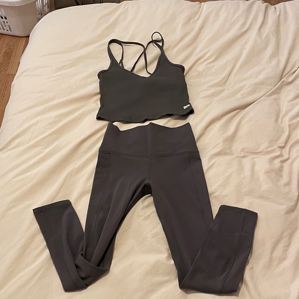 Vuori High-Rise Leggings and Crop Tank in Olive Green